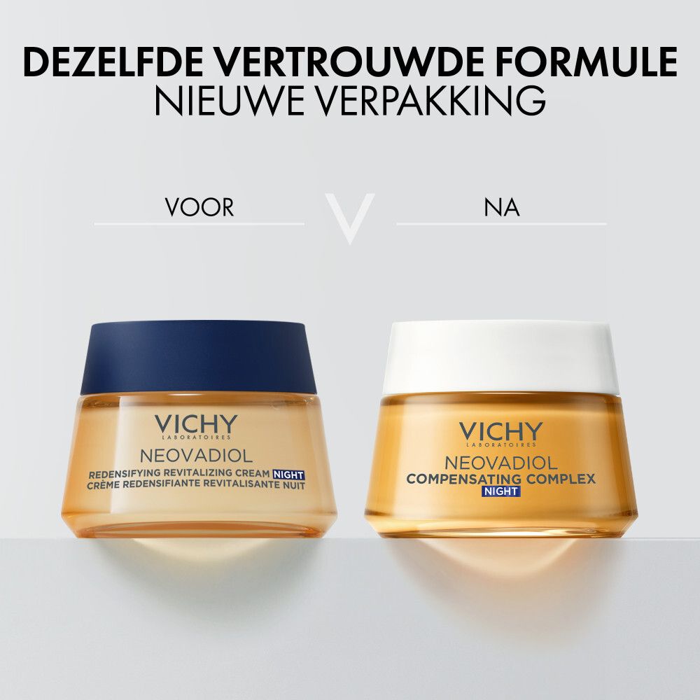 Crèmepot met witte deksel. Opschrift: VICHY, NEOVADIOL, COMPENSATING COMPLEX, NIGHT.