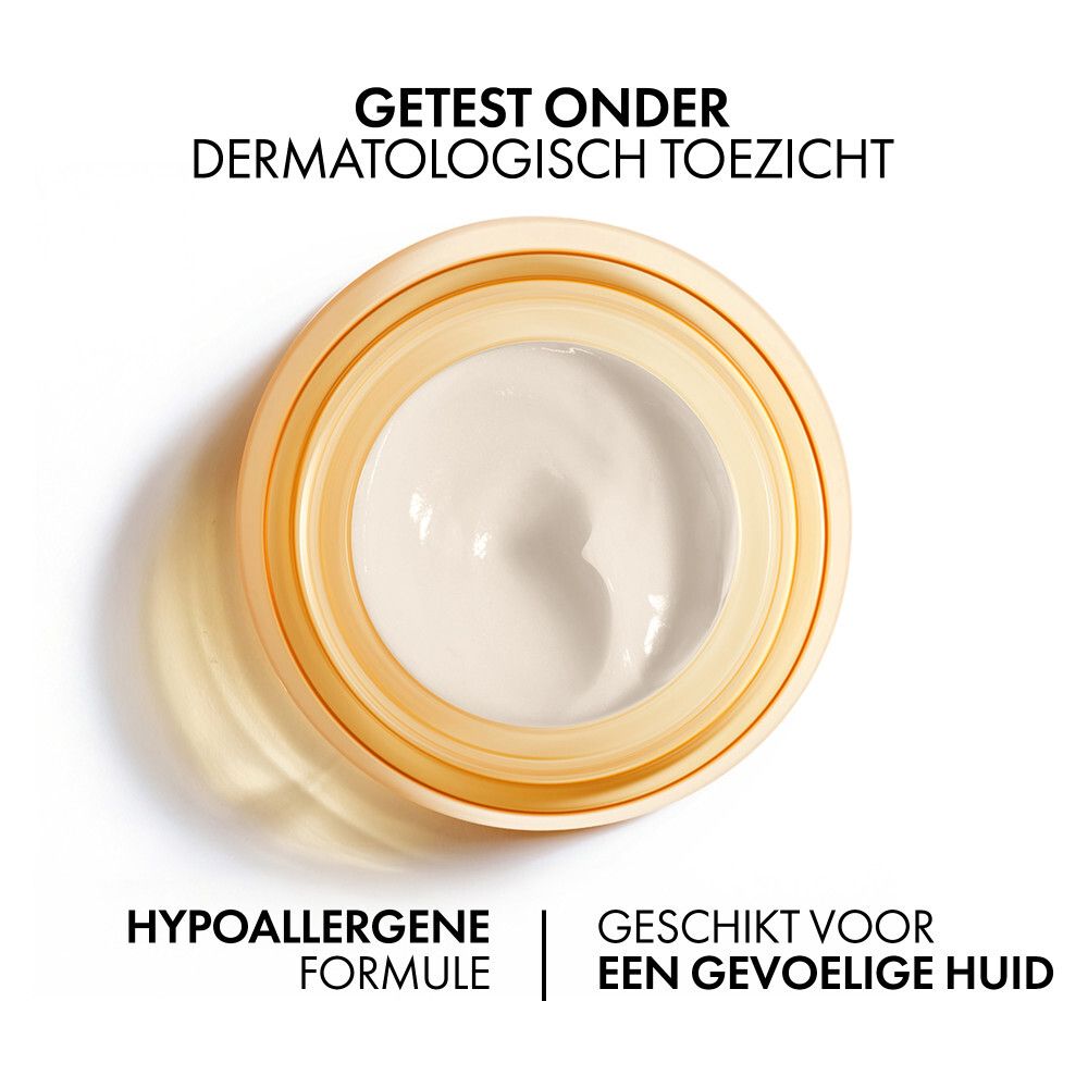 Crèmepot met witte deksel. Opschrift: VICHY, NEOVADIOL, COMPENSATING COMPLEX, NIGHT.