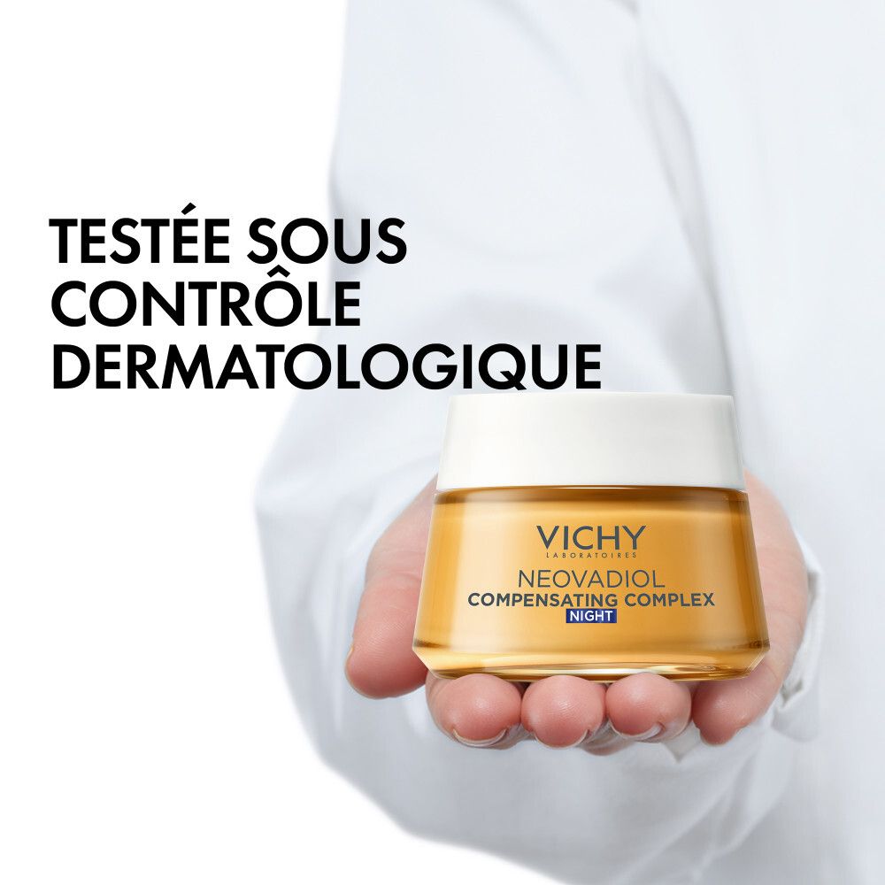 Pot de crème avec couvercle blanc. Inscription : VICHY, NEOVADIOL, COMPENSATING COMPLEX, NIGHT.