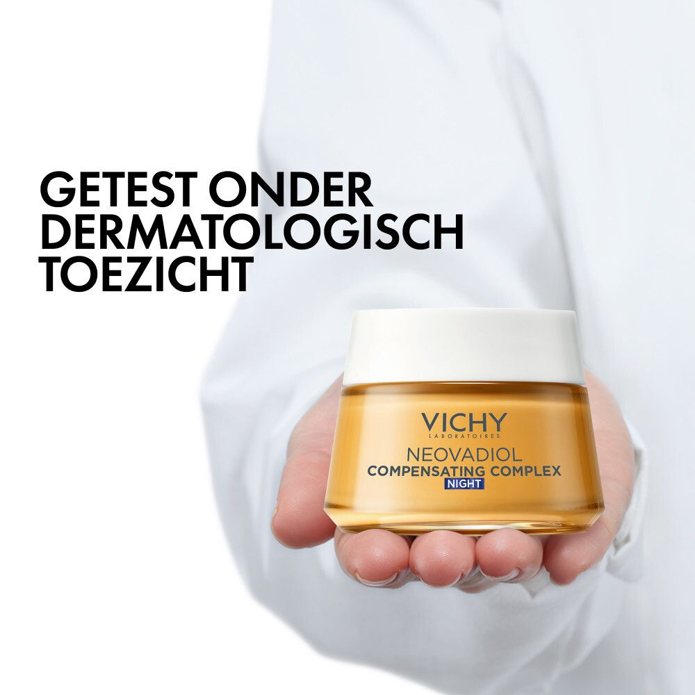 Crèmepot met witte deksel. Opschrift: VICHY, NEOVADIOL, COMPENSATING COMPLEX, NIGHT.