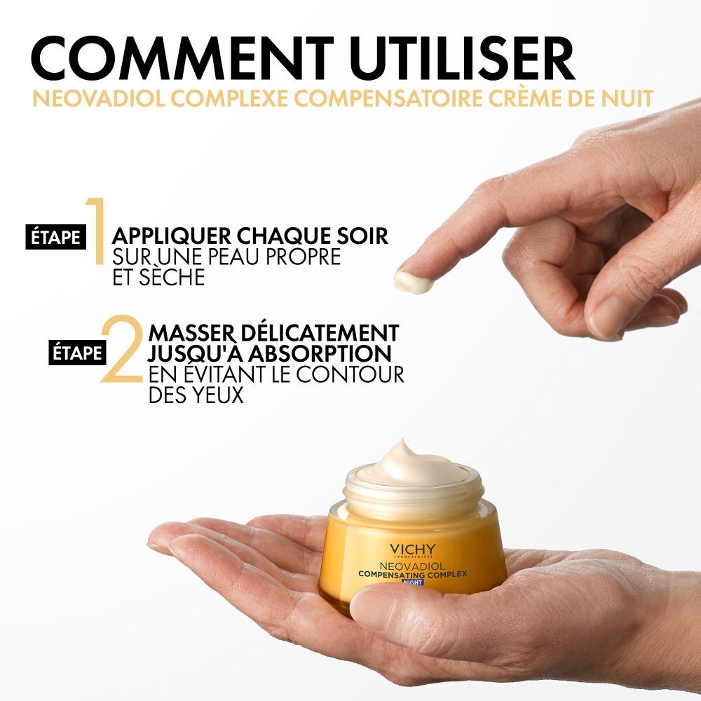 Pot de crème et emballage. Inscription : VICHY, NEOVADIOL, CREME REDENSIFIANTE REVITALISANTE NUIT, 50 ml.