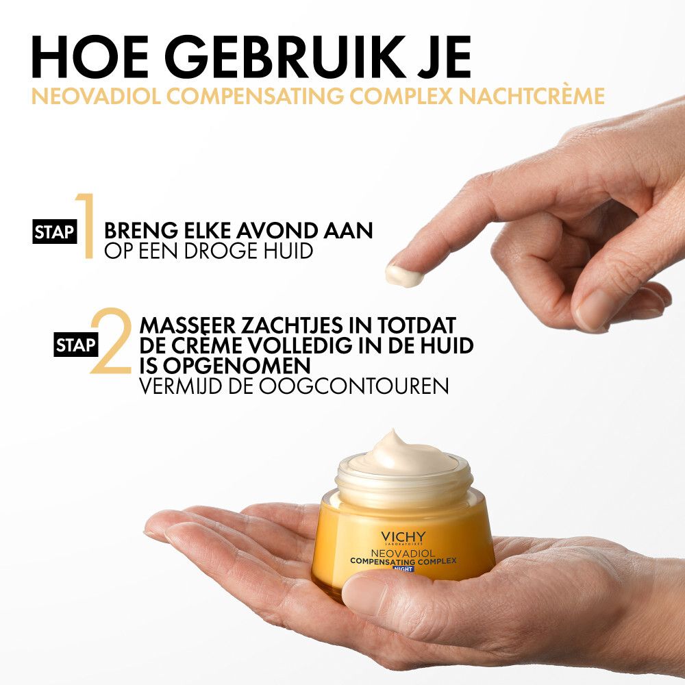 Crèmepot met witte deksel. Opschrift: VICHY, NEOVADIOL, COMPENSATING COMPLEX, NIGHT.