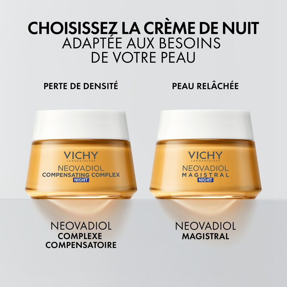 Pot de crème avec couvercle blanc. Inscription : VICHY, NEOVADIOL, COMPENSATING COMPLEX, NIGHT.