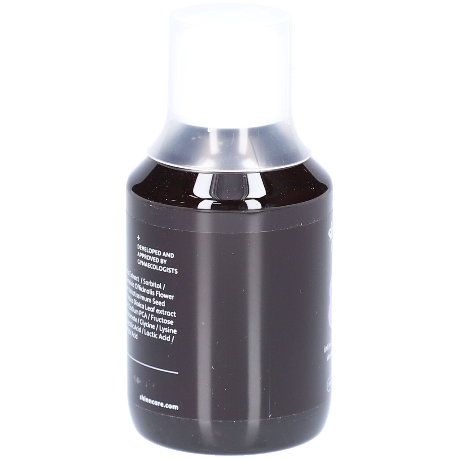 Donkere fles met witte dop. Inhoudsstoffen en logo zichtbaar. Ontwikkeld en goedgekeurd door gynaecologen.