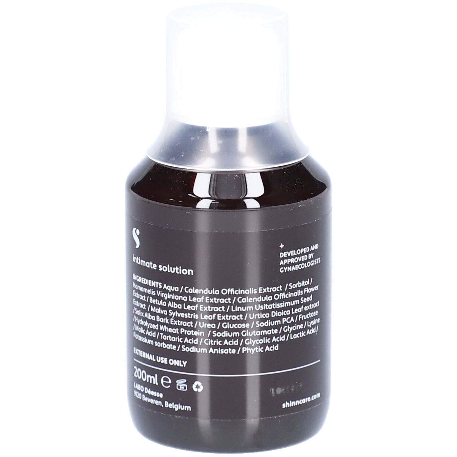 Donkere fles met witte dop. Ingrediënten, logo en volume zichtbaar. 200ml. Goedgekeurd door gynaecologen.