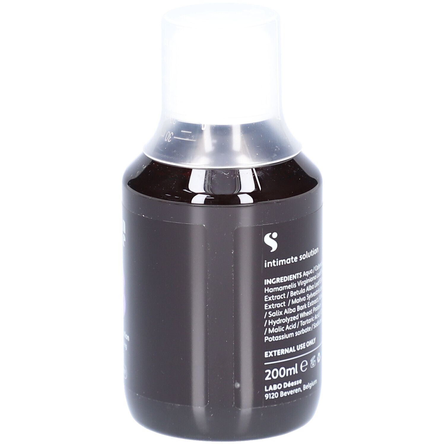 Donkere fles met witte dop. Ingrediënten, logo en volume zichtbaar. 200ml. Goedgekeurd door gynaecologen.