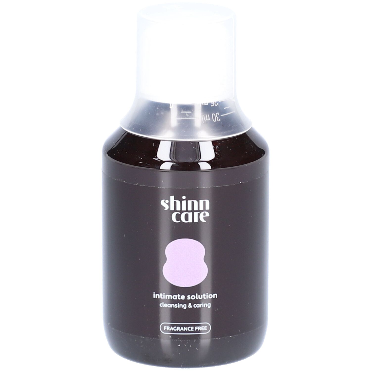 Donkere fles met witte dop. Logo, productnaam en 'FRAGRANCE FREE' zichtbaar.