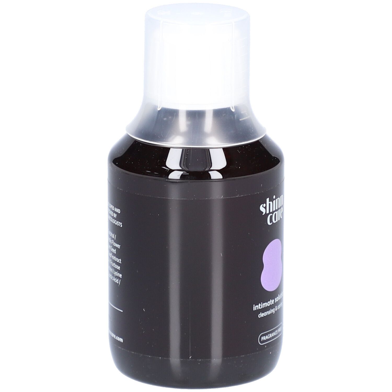 Donkere fles met witte dop. Logo, productnaam en 'FRAGRANCE FREE' zichtbaar.