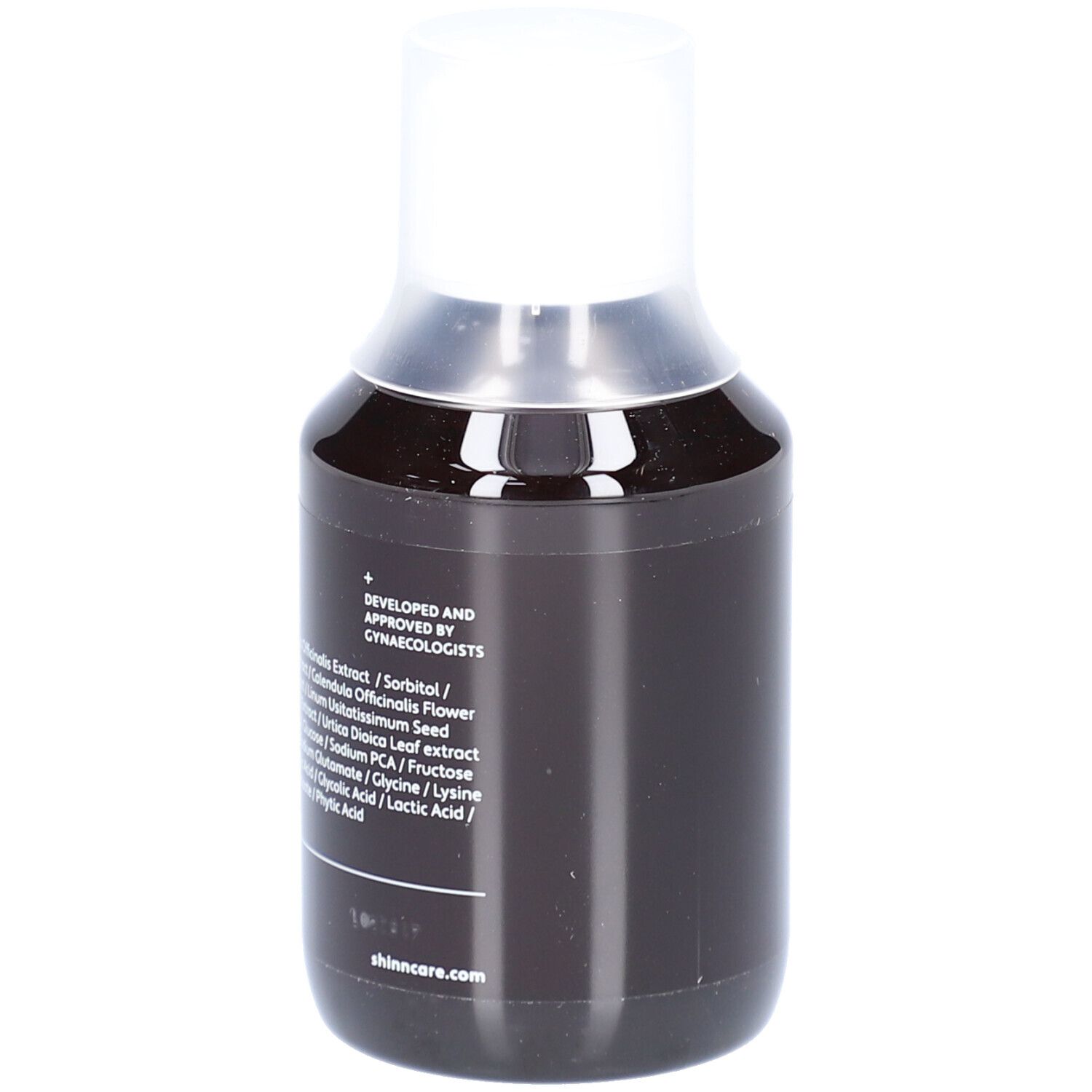 Donkere fles met witte dop. Inhoudsstoffen en logo zichtbaar. Goedgekeurd door gynaecologen.