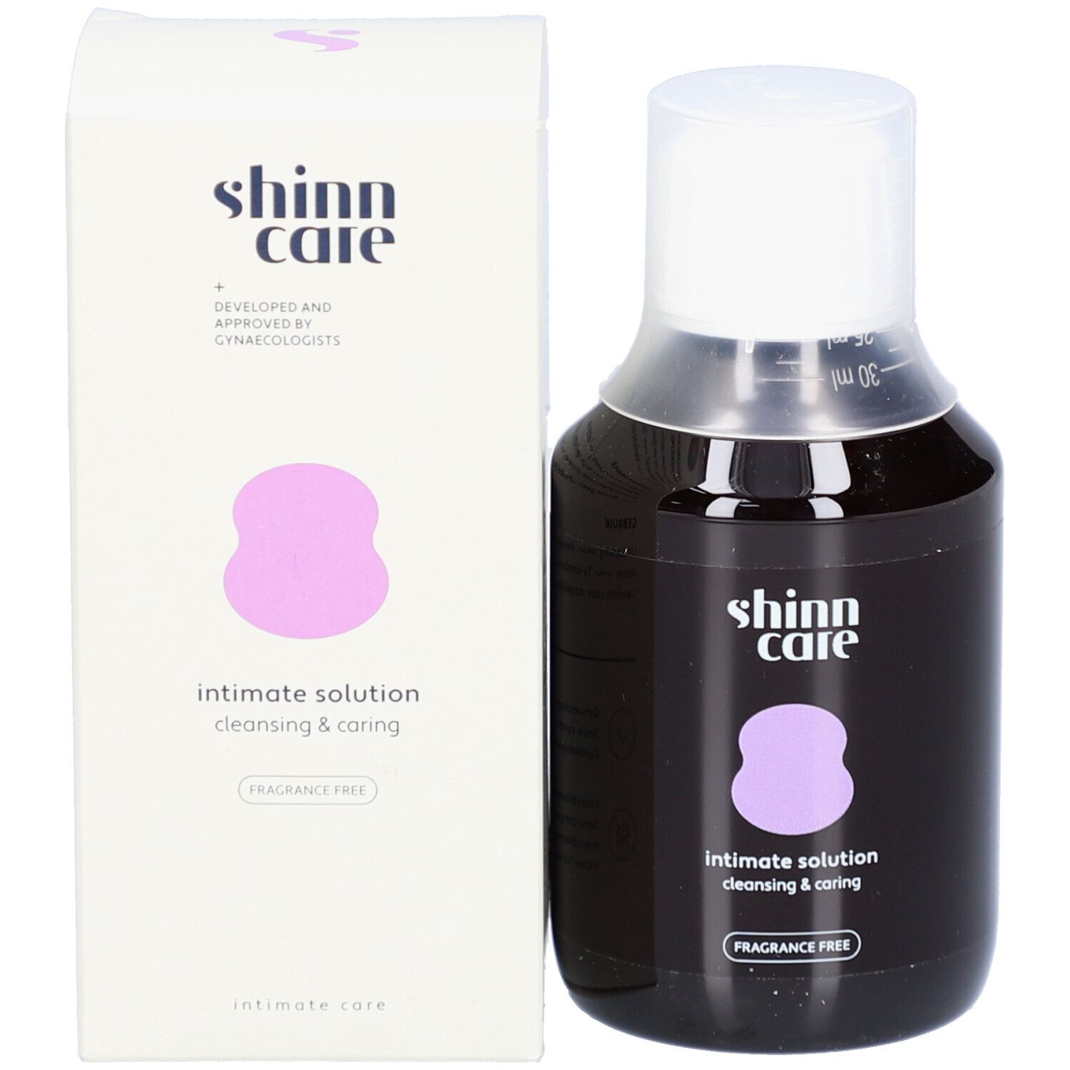 Fles en verpakking. Logo, productnaam en 'FRAGRANCE FREE' zichtbaar. Goedgekeurd door gynaecologen.