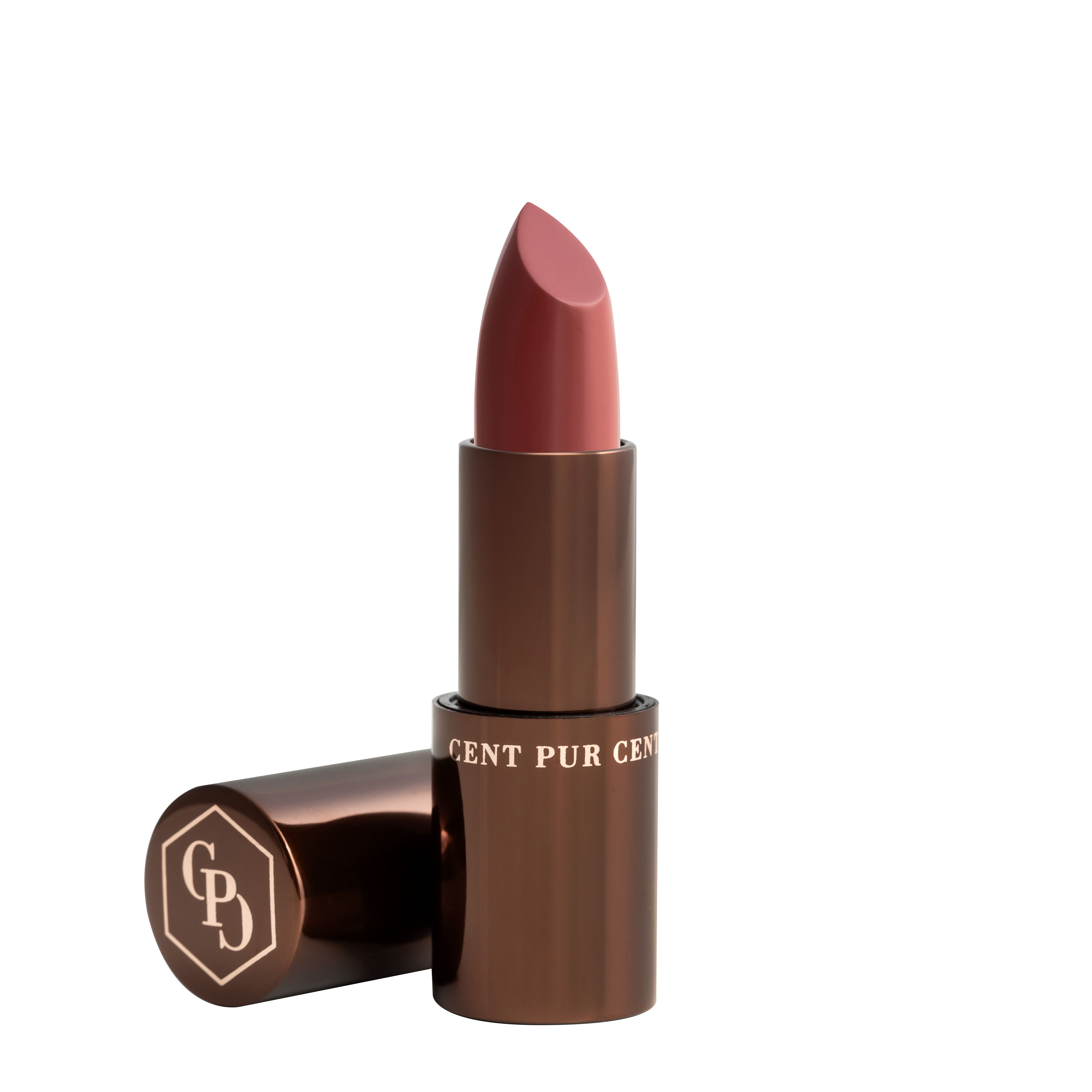 Bruine lippenbalsemstift met open deksel. De lippenstiftpunt is roze.