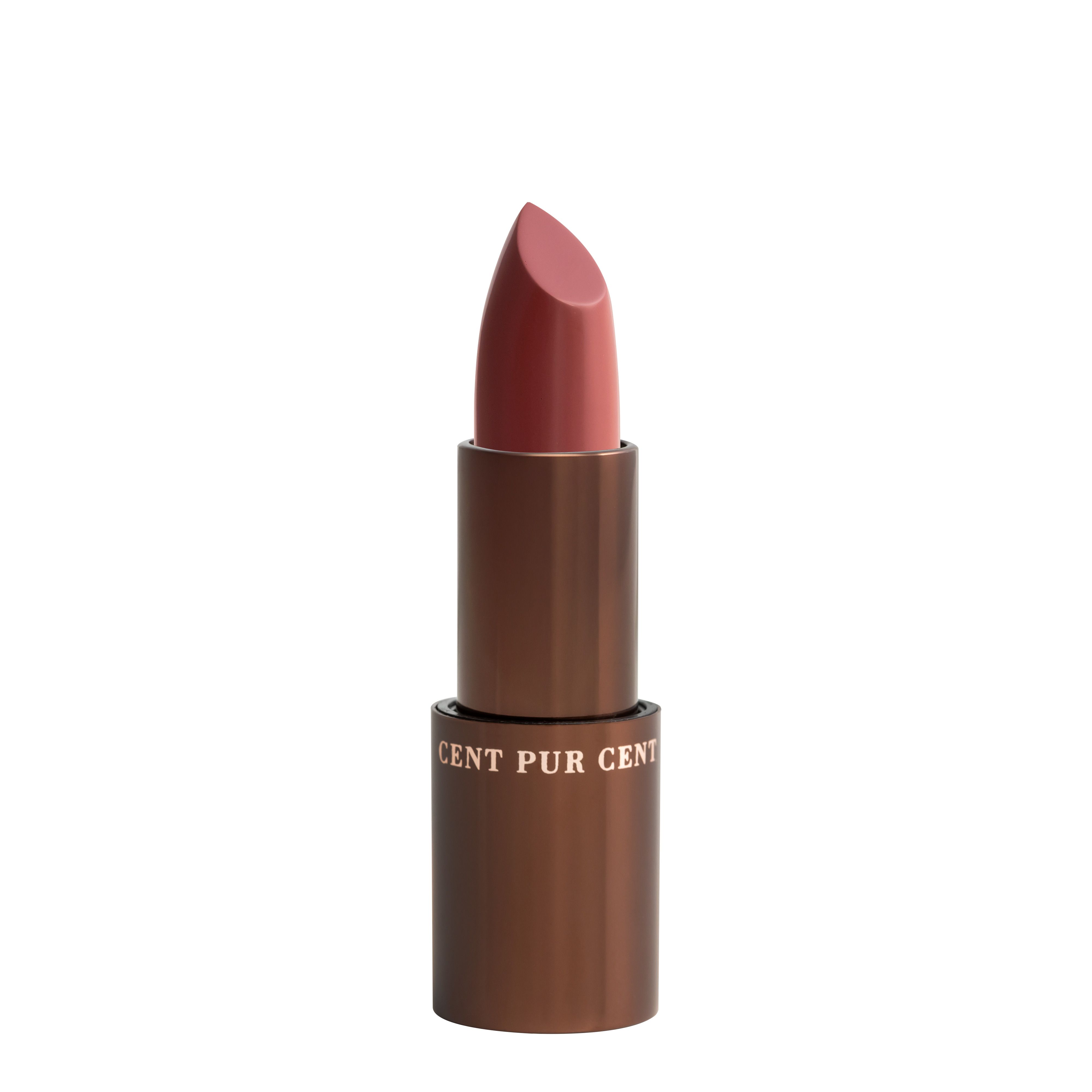Bruine lippenbalsemstift met open deksel. De lippenstiftpunt is roze.