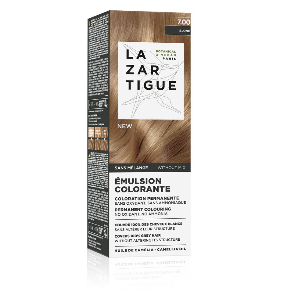 LAZARTIGUE Kleuremulsie. Verpakking met productinfo. Tint 7.00. Blond. Botanisch & Vegan.