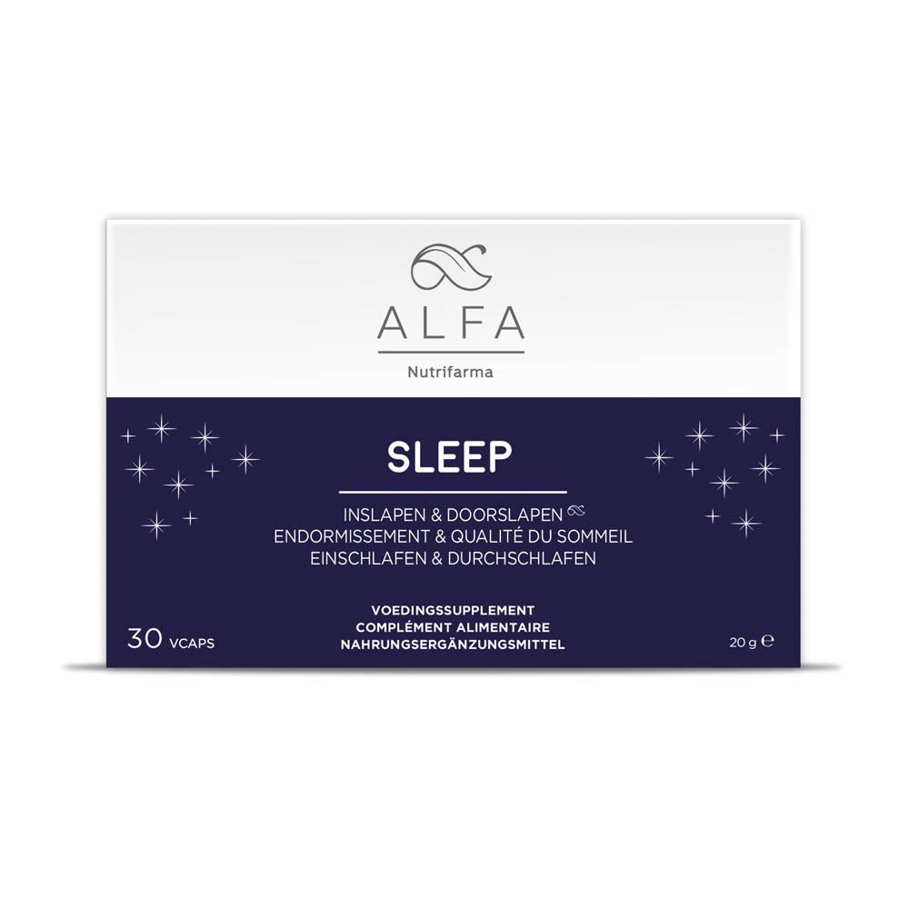 Boîte Nutrifarma Alfa Sleep. Vue de face. Emballage blanc et bleu avec nom et logo. 30 gélules.