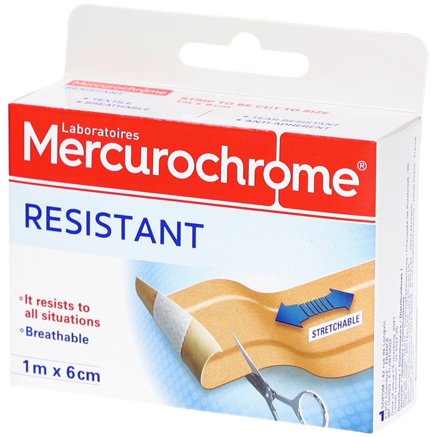 Verpakking Mercurochrome. Opschrift: RESISTANT, 1 m x 6 cm. Pleister met schaar. Eigenschappen: ademend, rekbaar.