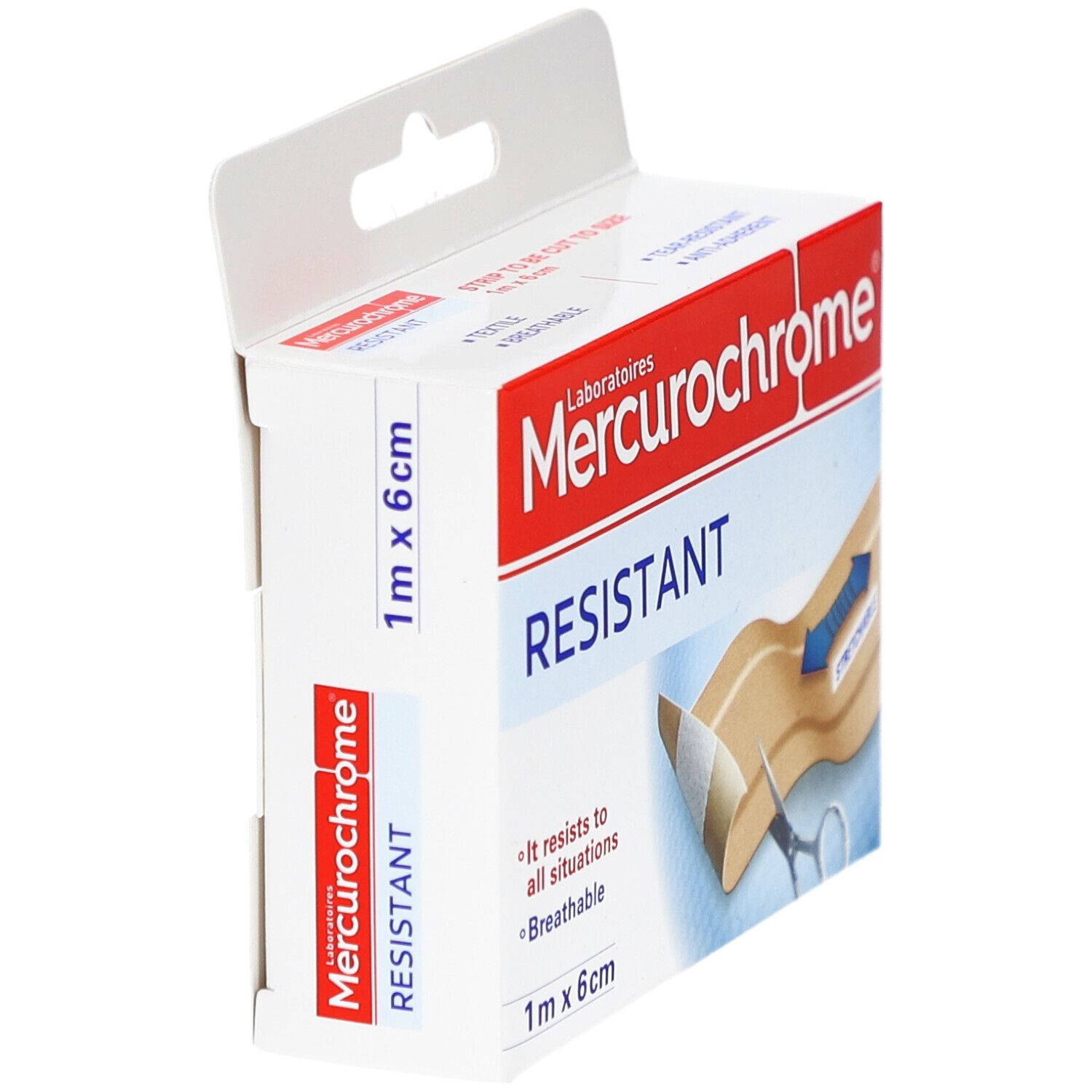 Verpakking Mercurochrome, RESISTANT, 1 m x 6 cm. Zijaanzicht. Opschrift: ademend, rekbaar. Product met schaar.