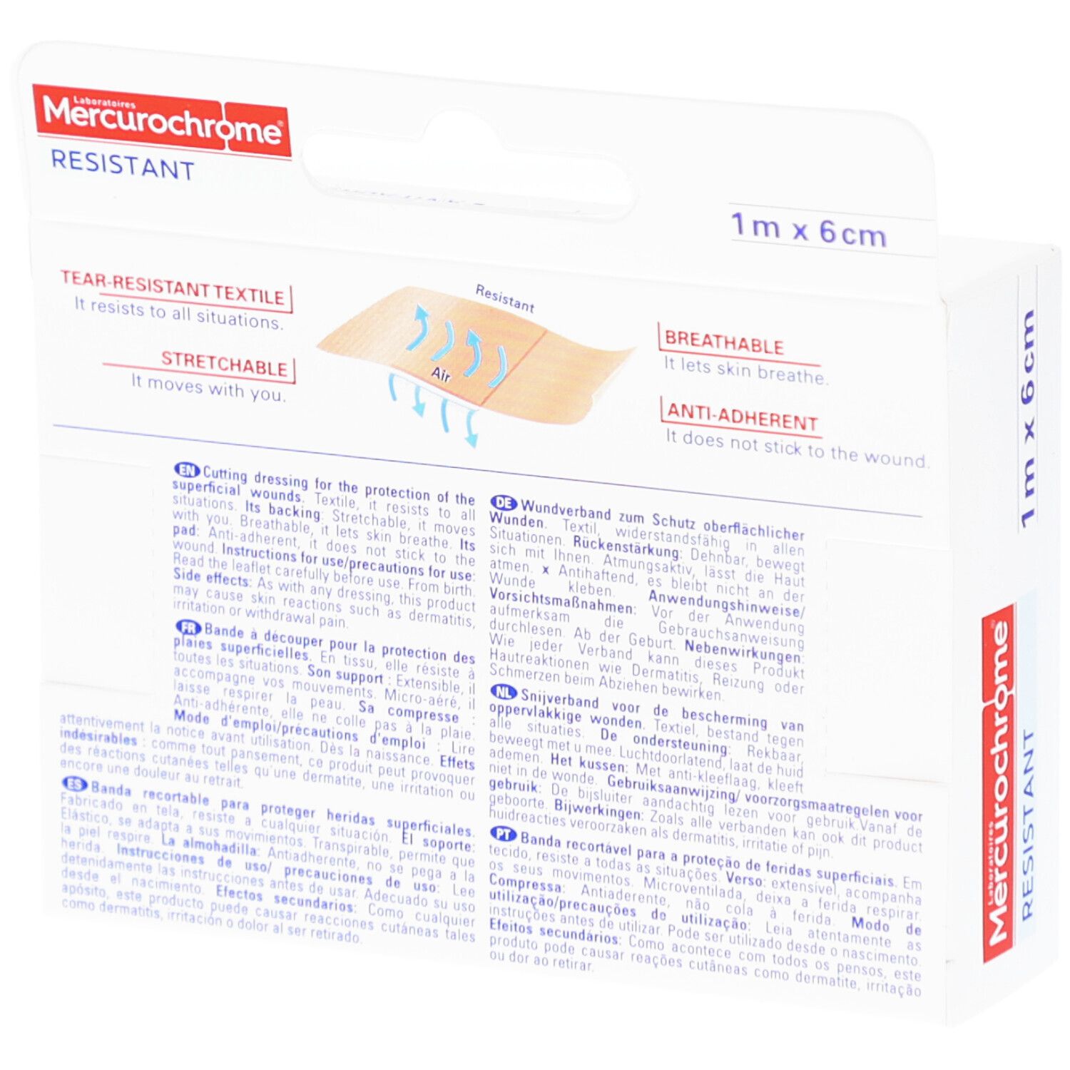 Achterkant van de Mercurochrome verpakking. Opschrift: RESISTANT, 1 m x 6 cm. Eigenschappen: ademend, rekbaar, niet-klevend.