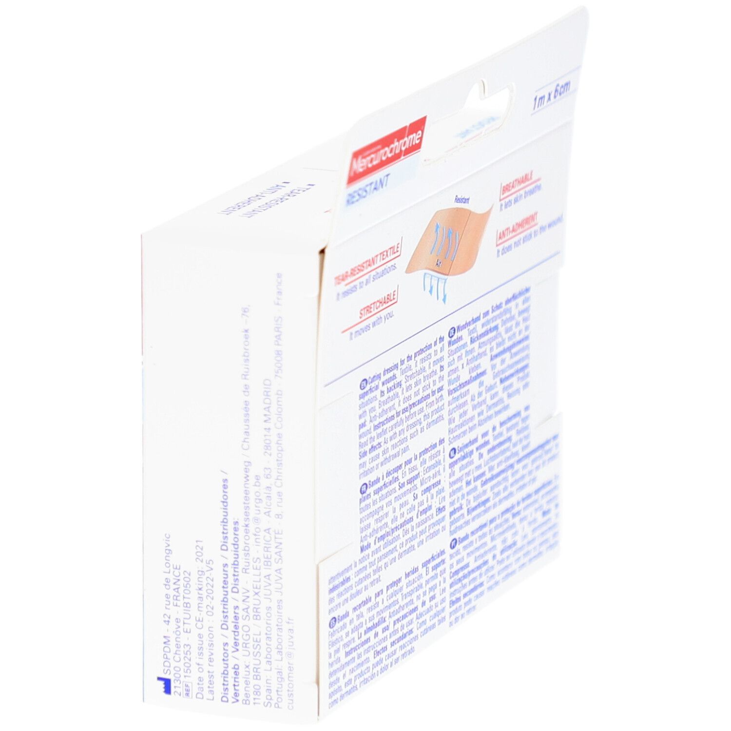 Zijaanzicht van de Mercurochrome verpakking. Opschrift: RESISTANT, 1 m x 6 cm. Eigenschappen: ademend, rekbaar, niet-klevend.