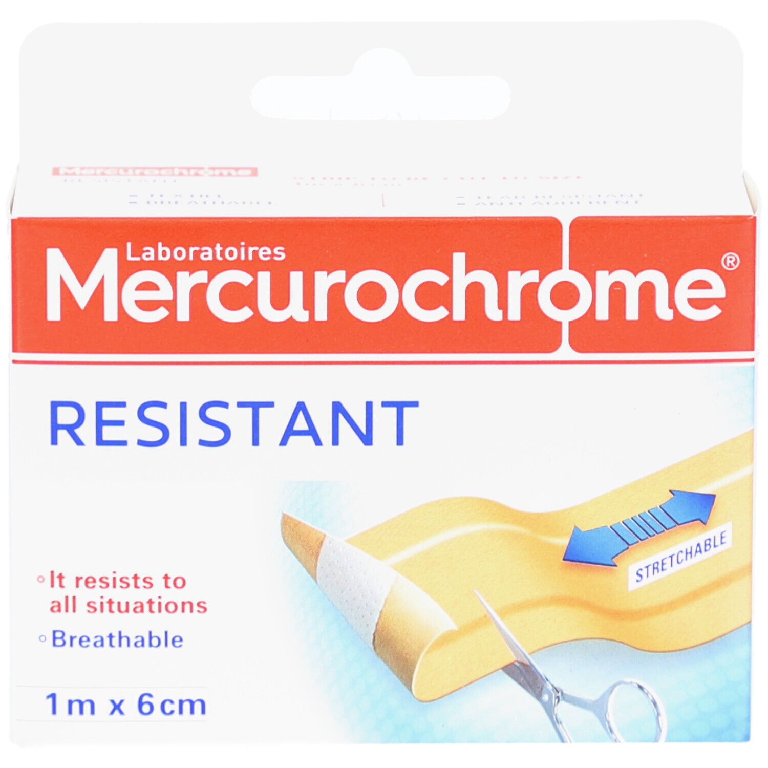Verpakking Mercurochrome. Opschrift: RESISTANT, 1 m x 6 cm. Pleister met schaar. Eigenschappen: ademend, rekbaar.