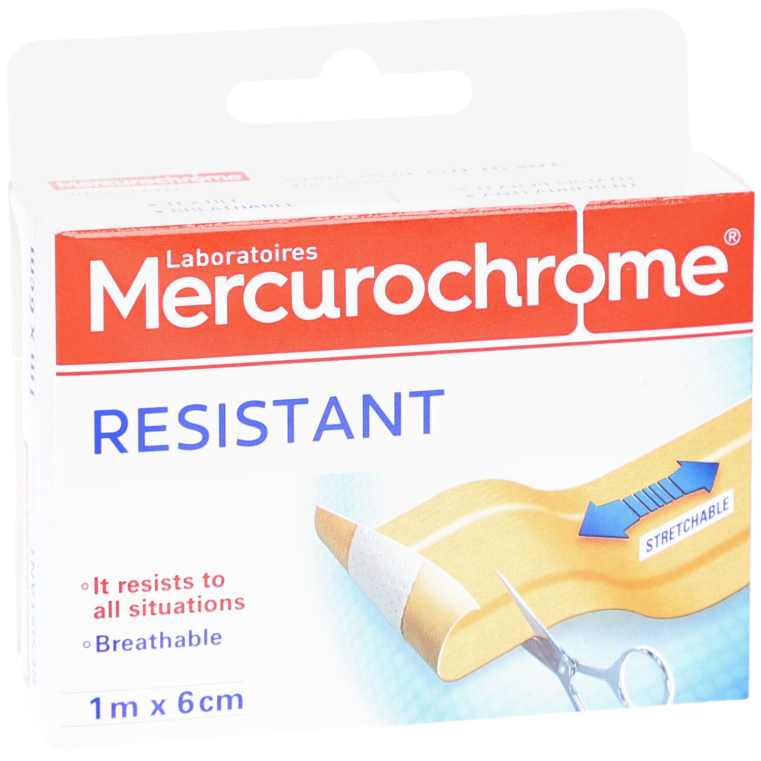 Verpakking Mercurochrome. Opschrift: RESISTANT, 1 m x 6 cm. Pleister met schaar. Eigenschappen: ademend, rekbaar.