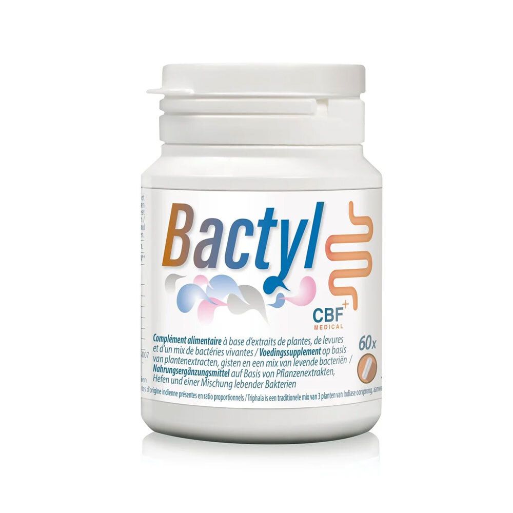 Witte fles Bactyl, CBF Medical. Bevat 60 tabletten. Afbeelding van het spijsverteringsstelsel.