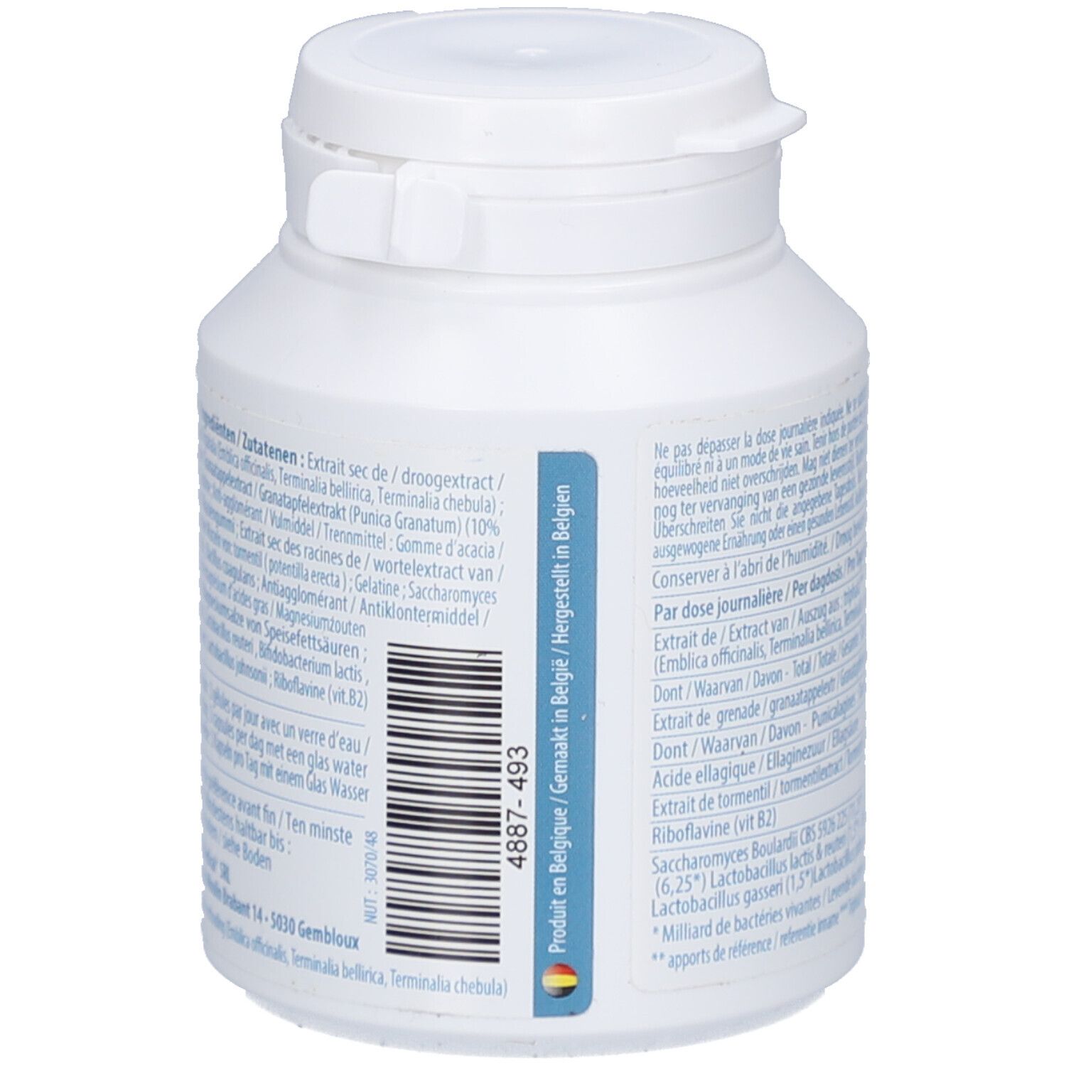 Witte tablettenfles met schroefdop. Achterkant met ingrediënten, tekst en barcode. Geproduceerd in België.