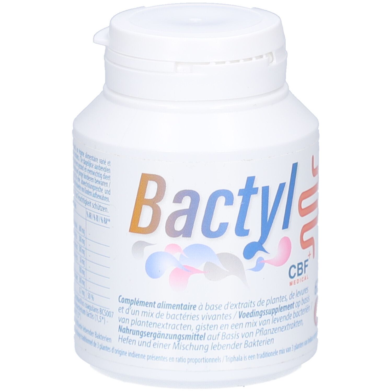 Witte tablettenfles met schroefdop. Opschrift "Bactyl" en logo. Tekst: Voedingssupplement op basis van plantenextracten.