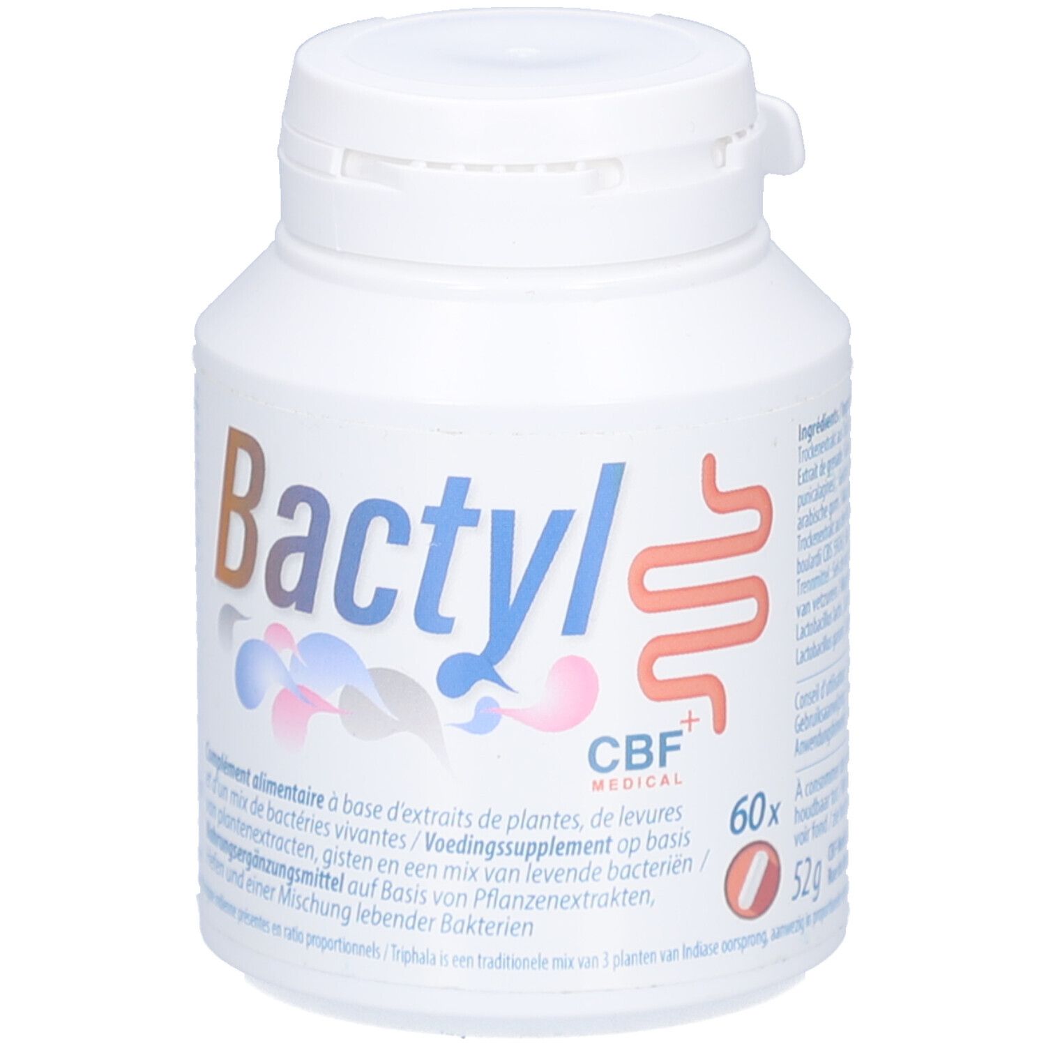 Witte tablettenfles met schroefdop. Opschrift "Bactyl" en logo. Bevat 60 capsules. Gewicht: 52g.