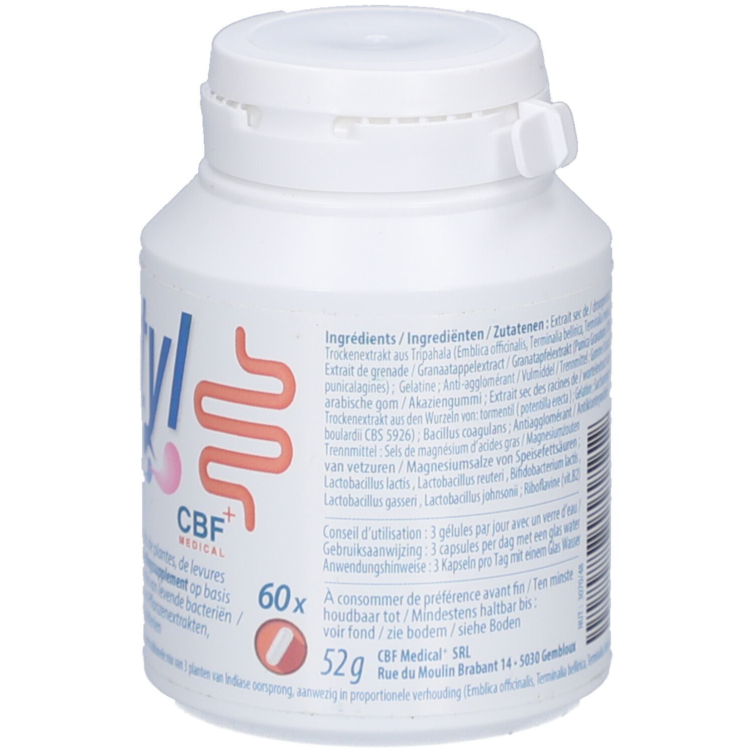 Witte tablettenfles met schroefdop. Opschrift "Bactyl" en logo. Bevat 60 capsules. Gewicht: 52g. Gebruiksaanwijzing.