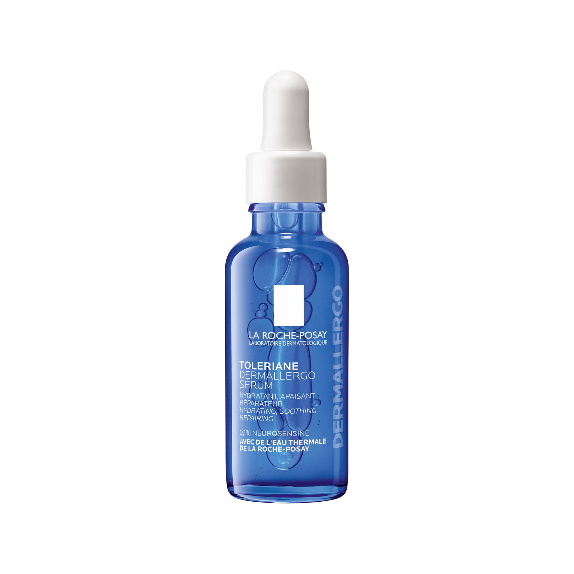 Flacon bleu avec pipette. Contient le sérum Toleriane Dermallergo. Inscription blanche.