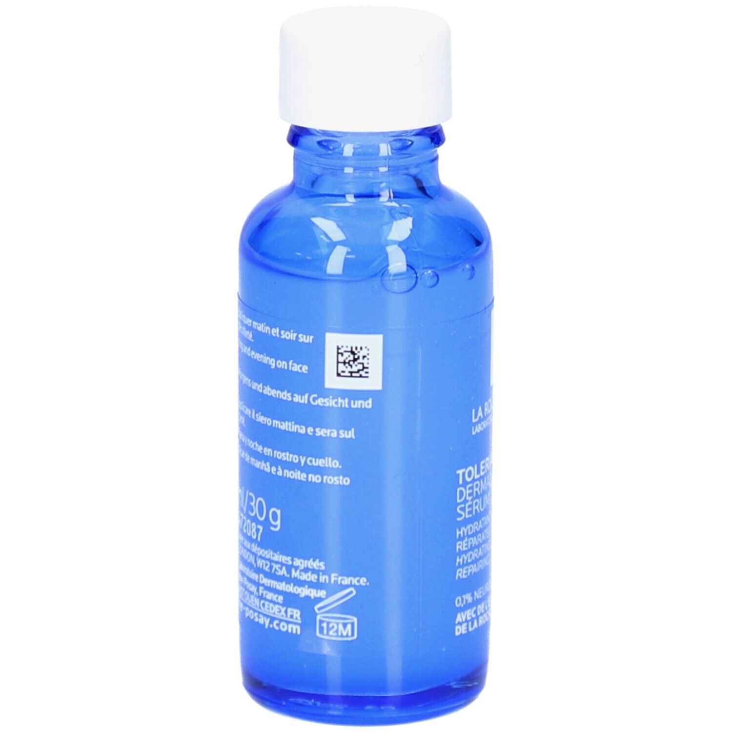 Flacon bleu avec bouchon blanc. Inscription: Toleriane Dermallergo Serum. Marque La Roche-Posay.
