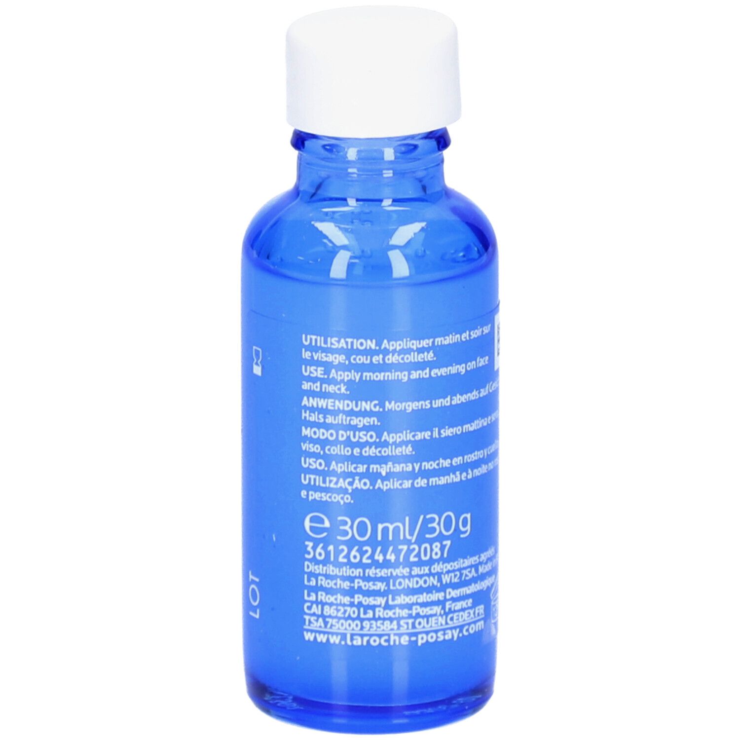 Flacon bleu avec bouchon blanc. Inscription: Toleriane Dermallergo Serum. Marque La Roche-Posay.