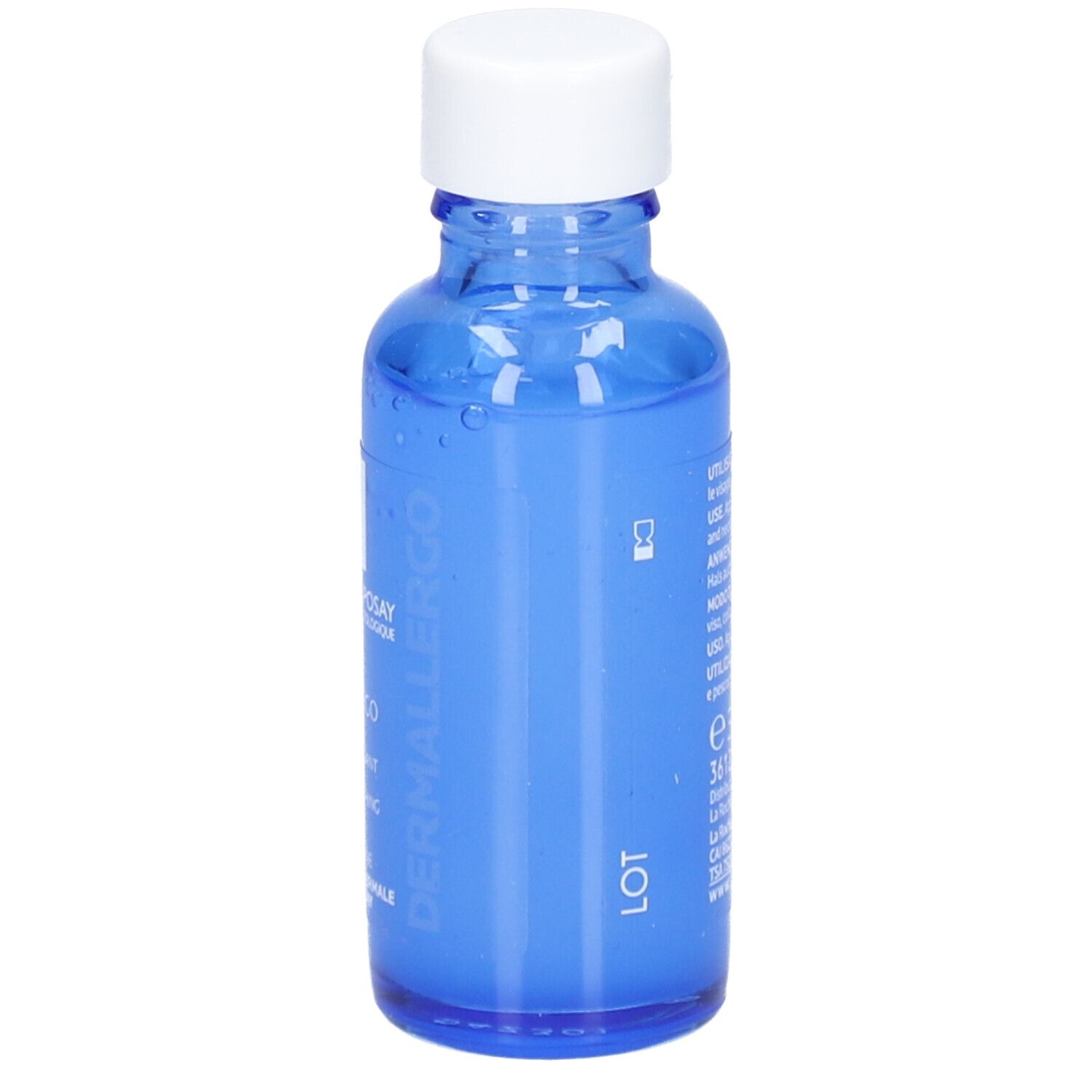 Flacon bleu avec bouchon blanc. Inscription: Toleriane Dermallergo Serum. Marque La Roche-Posay.