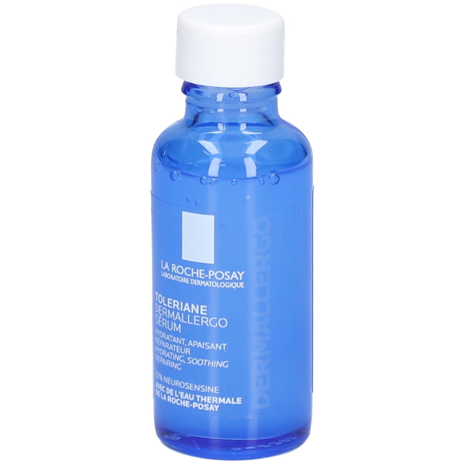 Flacon bleu avec bouchon blanc. Inscription: Toleriane Dermallergo Serum. Marque La Roche-Posay.