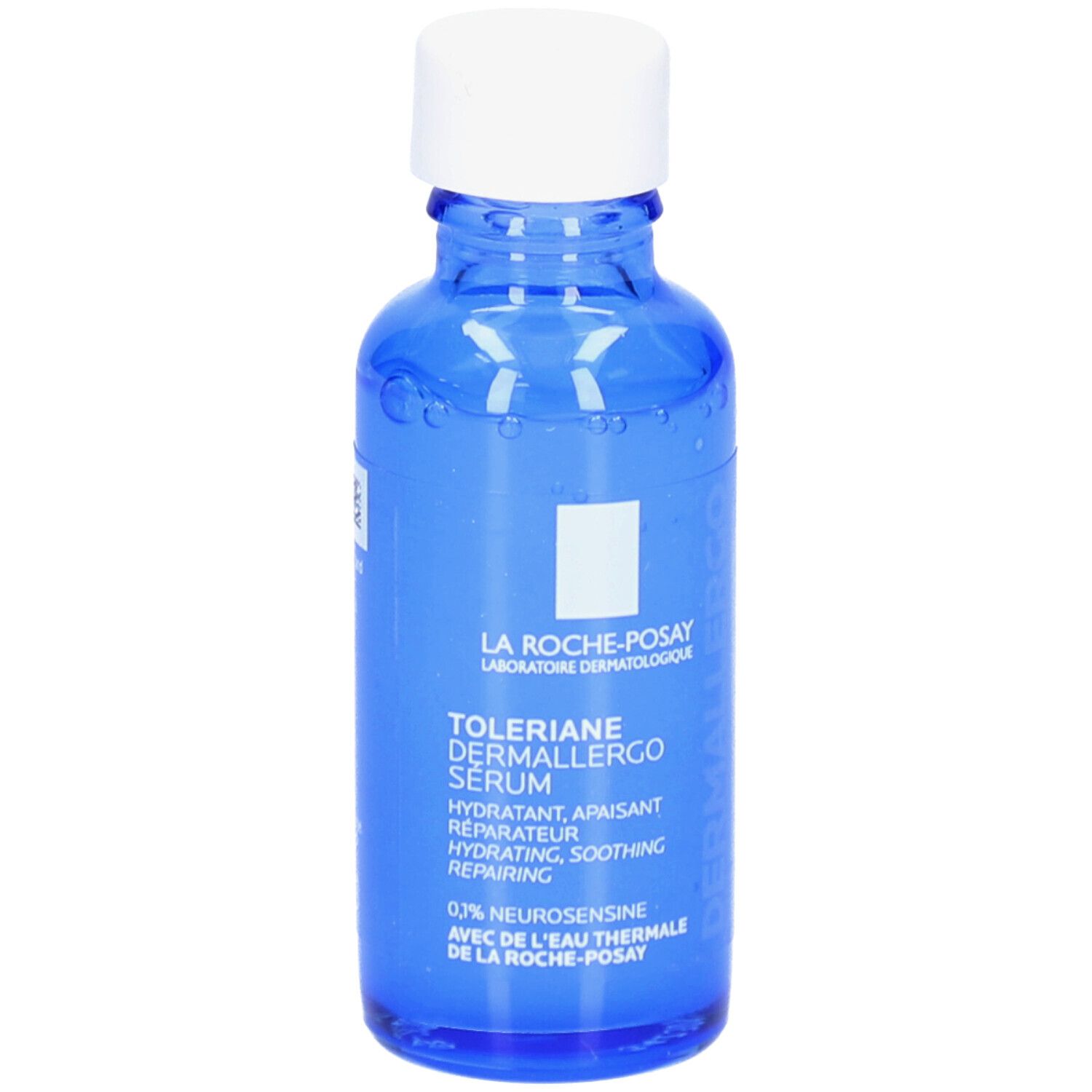 Flacon bleu avec bouchon blanc. Inscription: Toleriane Dermallergo Serum. Marque La Roche-Posay.