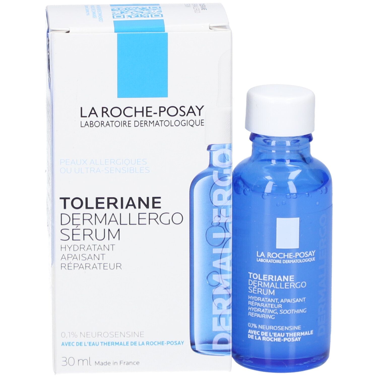 Emballage du produit avec flacon et carton. Inscription: Toleriane Dermallergo Serum. Marque La Roche-Posay.