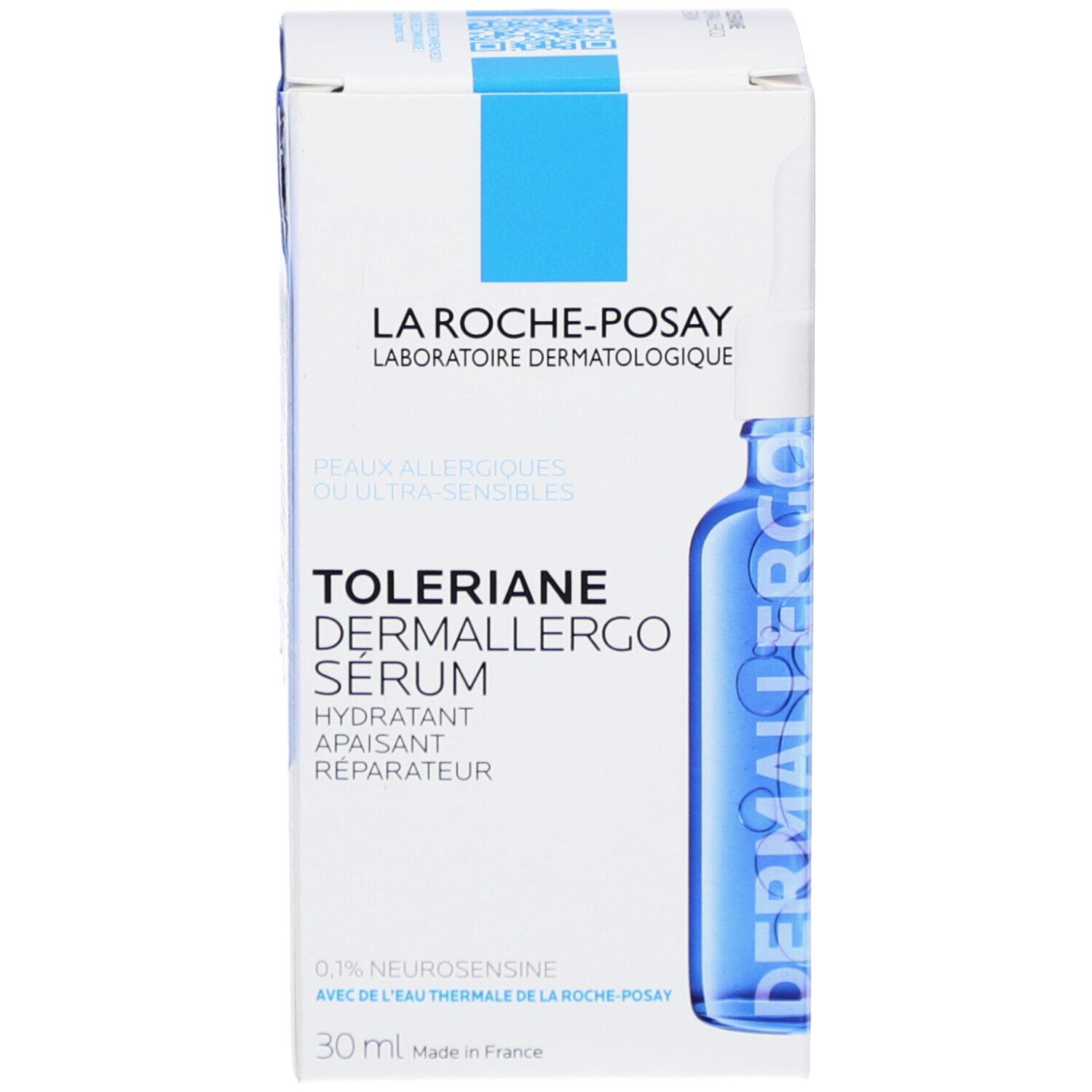 Emballage du produit avec carton. Inscription: Toleriane Dermallergo Serum. Marque La Roche-Posay.
