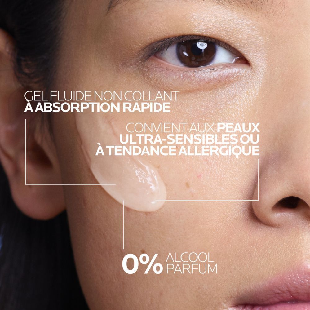 Visage avec sérum. Texte: Gel fluide non collant à absorption rapide. 0% Alcool Parfum.