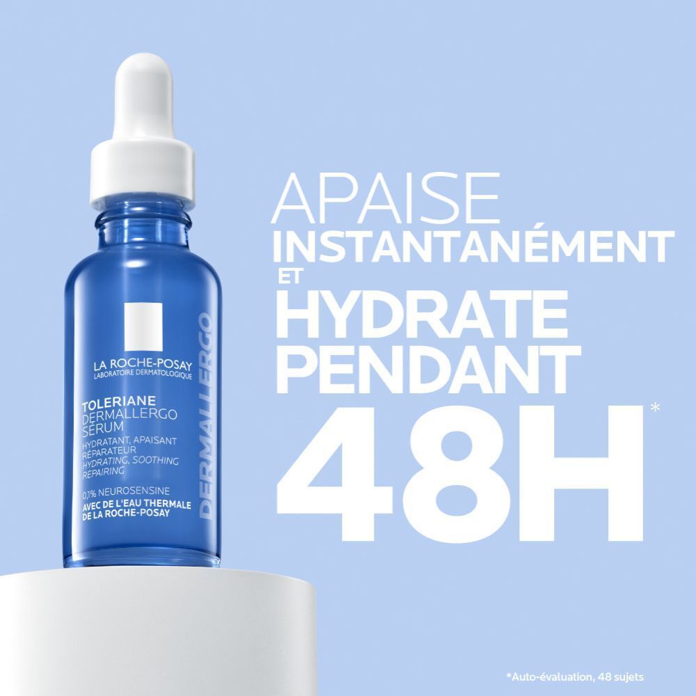 Flacon bleu avec sérum. Texte: Apaise instantanément et hydrate pendant 48h. Marque La Roche-Posay.
