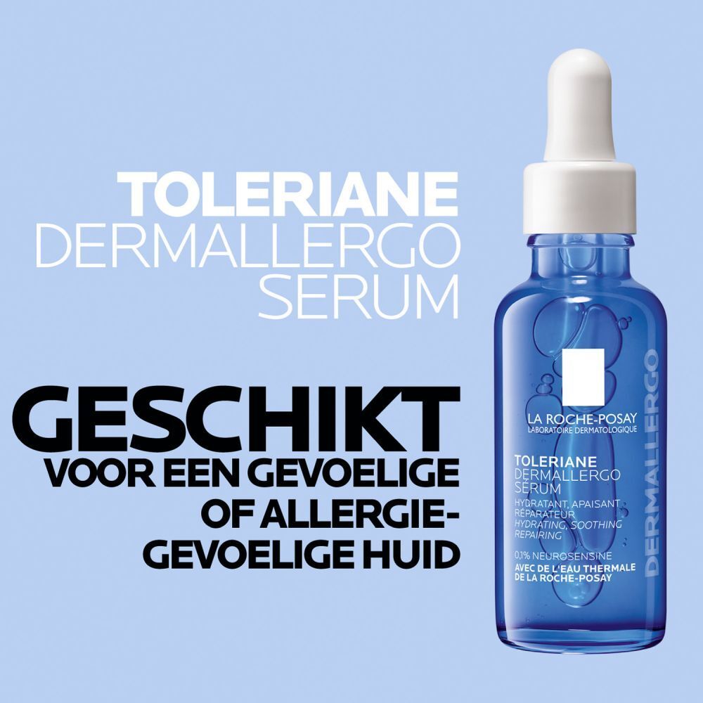 Blauwe fles met serum. Tekst: Geschikt voor een gevoelige of allergie-gevoelige huid.