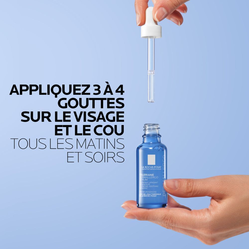 Mains tenant une pipette au-dessus d'un flacon. Texte: Appliquez 3 à 4 gouttes sur le visage et le cou.