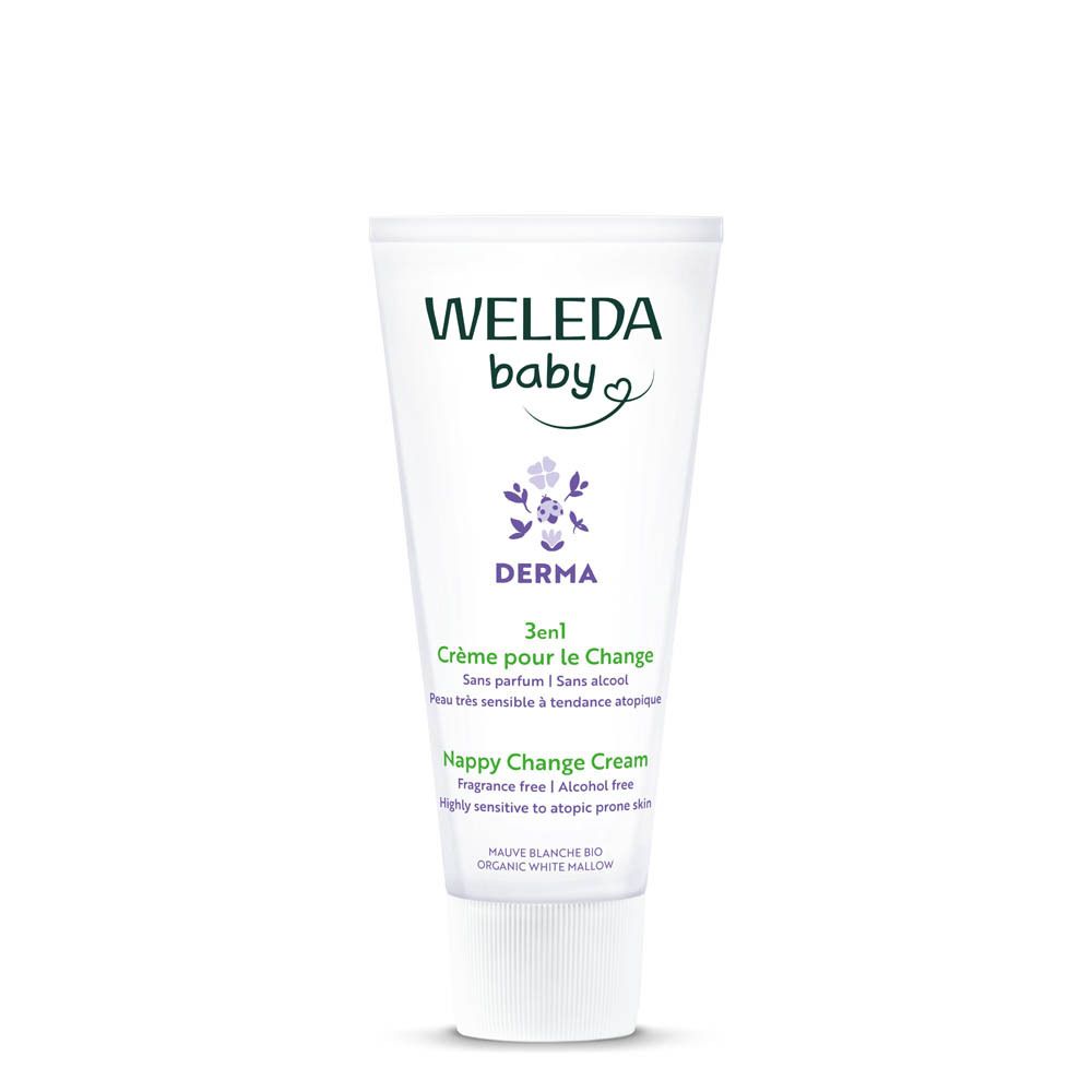Tube Weleda Baby Derma 3 in 1. Tekst: Crème pour le Change, zonder parfum, zonder alcohol. Voor gevoelige huid. Bloemenlogo.