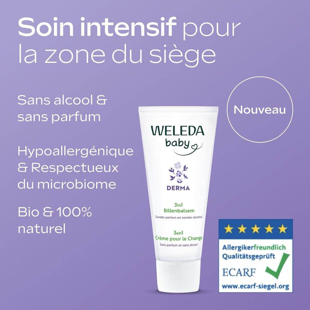 Tube Weleda Baby Derma 3 en 1. Texte: Crème pour le Change, sans parfum, sans alcool. Pour peaux sensibles. Logo floral.