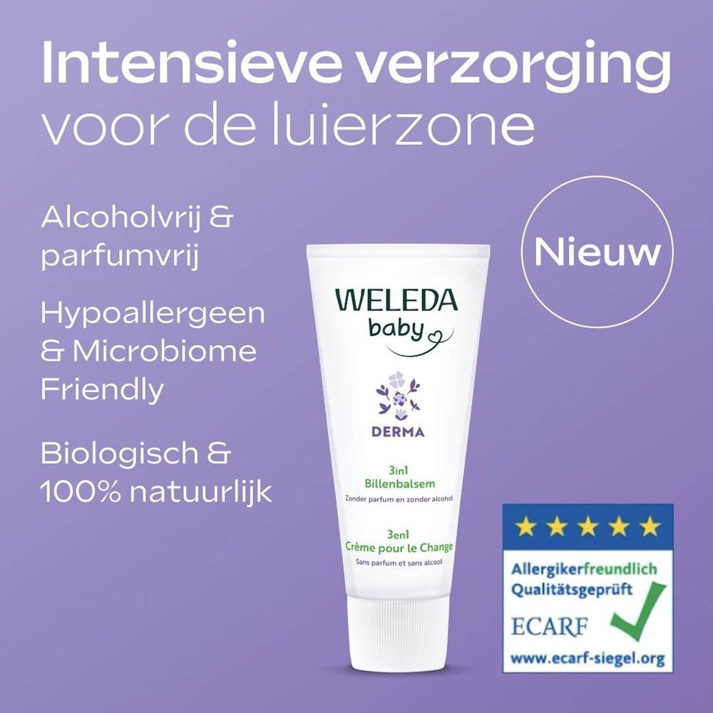 Tube Weleda Baby Derma 3 in 1. Tekst: Crème pour le Change, zonder parfum, zonder alcohol. Voor gevoelige huid. Bloemenlogo.
