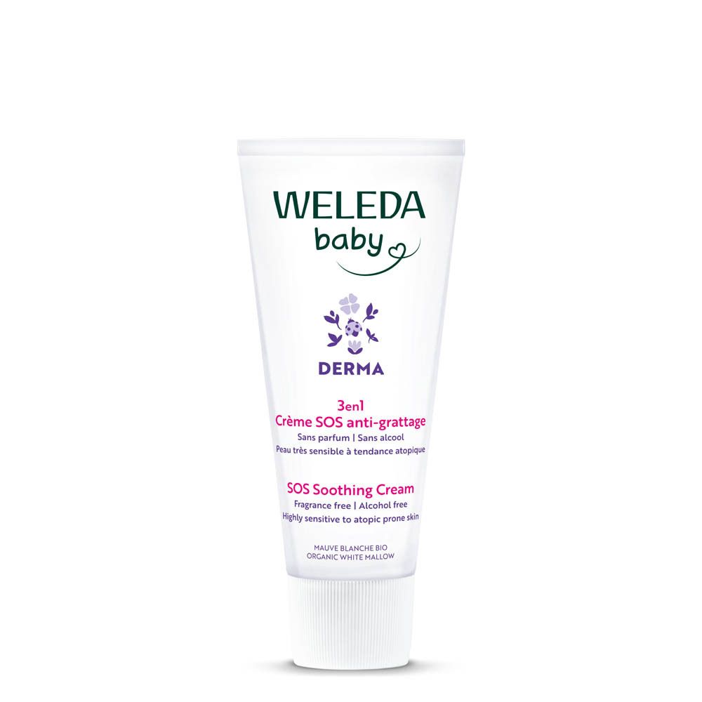Weleda Baby Derma Crème SOS anti-grattage 3 en 1 tube. Wit, met opdruk. Tekst: Derma, SOS Crème, zonder parfum, zonder alcohol.