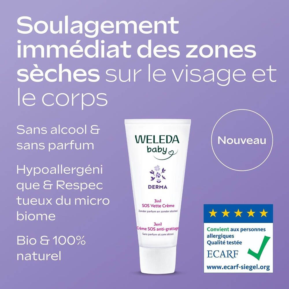 Tube Weleda Baby Derma Crème SOS anti-grattage 3 en 1. Texte: Soullagement immédiat des zones sèches. Sans alcool & sans parfum.