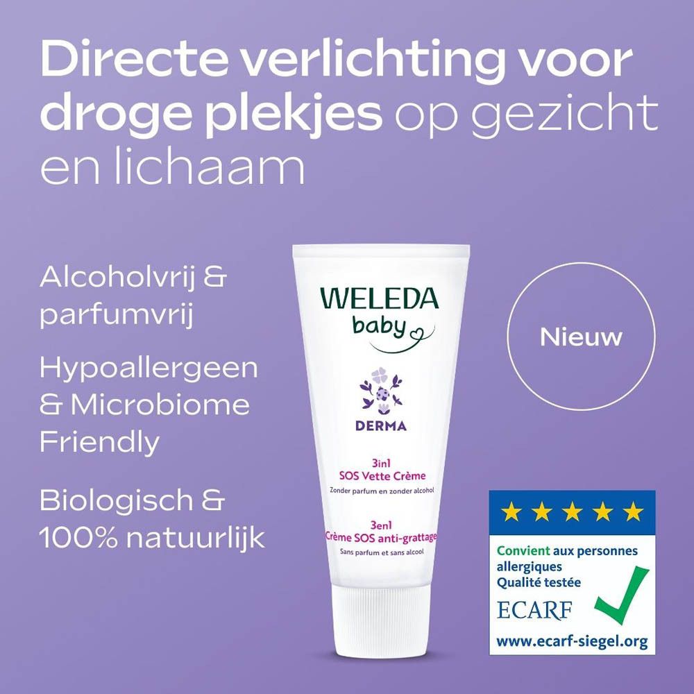 Weleda Baby Derma Crème SOS anti-grattage 3 en 1 tube. Tekst: Directe verlichting voor droge plekjes. Alcoholvrij & parfumvrij.