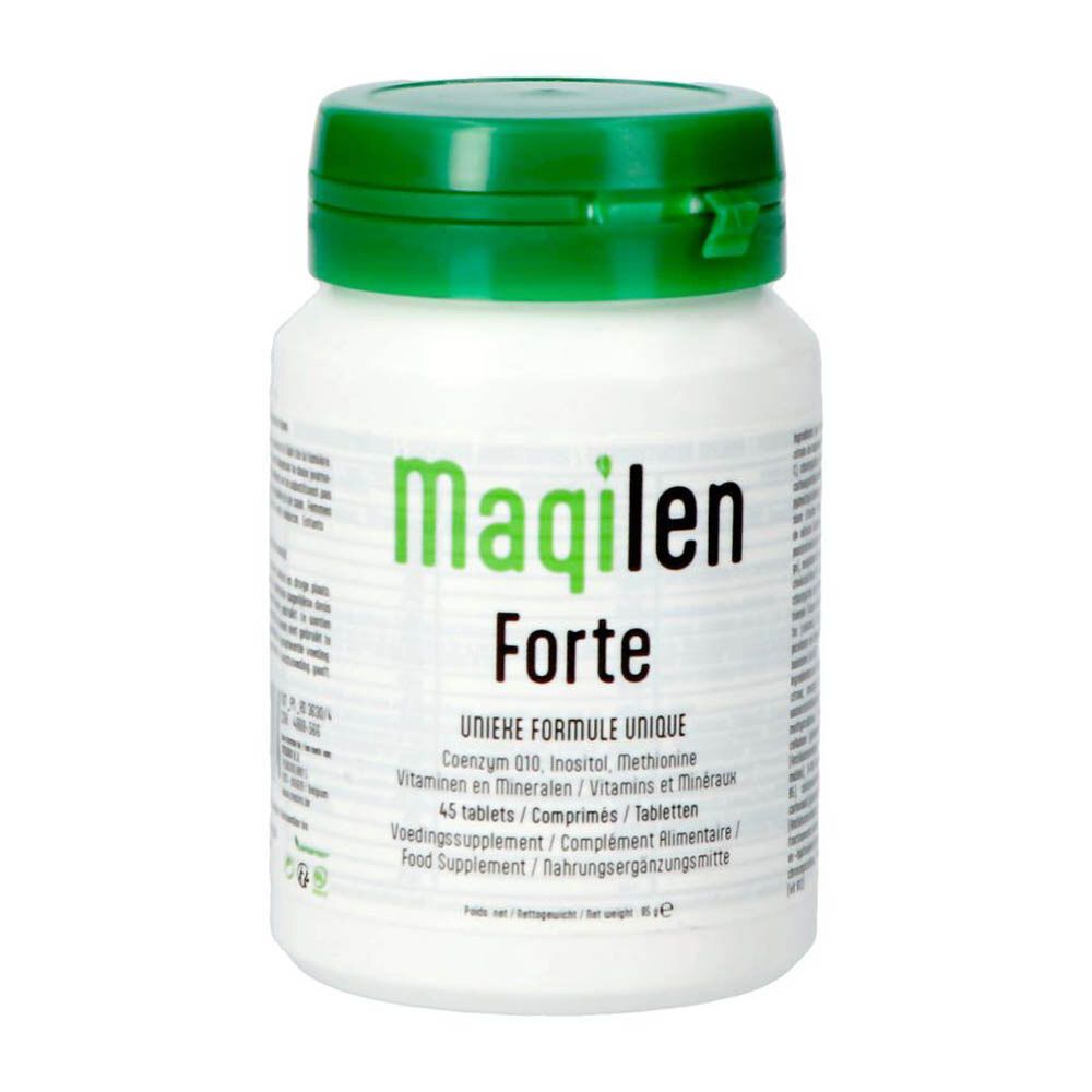 Flacon blanc avec bouchon vert. Inscription: Maqilen Forte. Contient 45 comprimés.