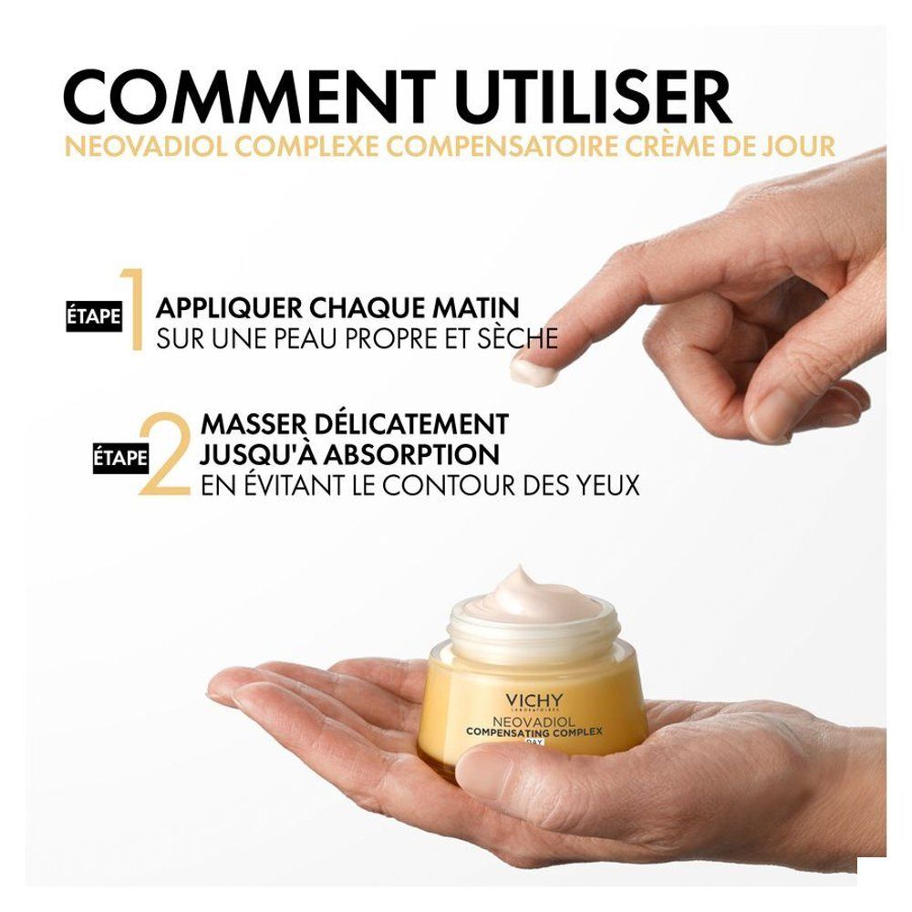 Application de la crème Vichy Neovadiol Crème de Jour. Appliquer et masser.