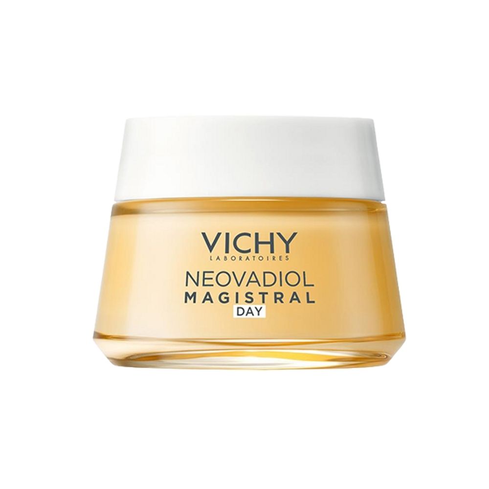 Pot de crème avec couvercle blanc. Inscription : Vichy, NEOVADIOL, Compensating Complex, 50ml.